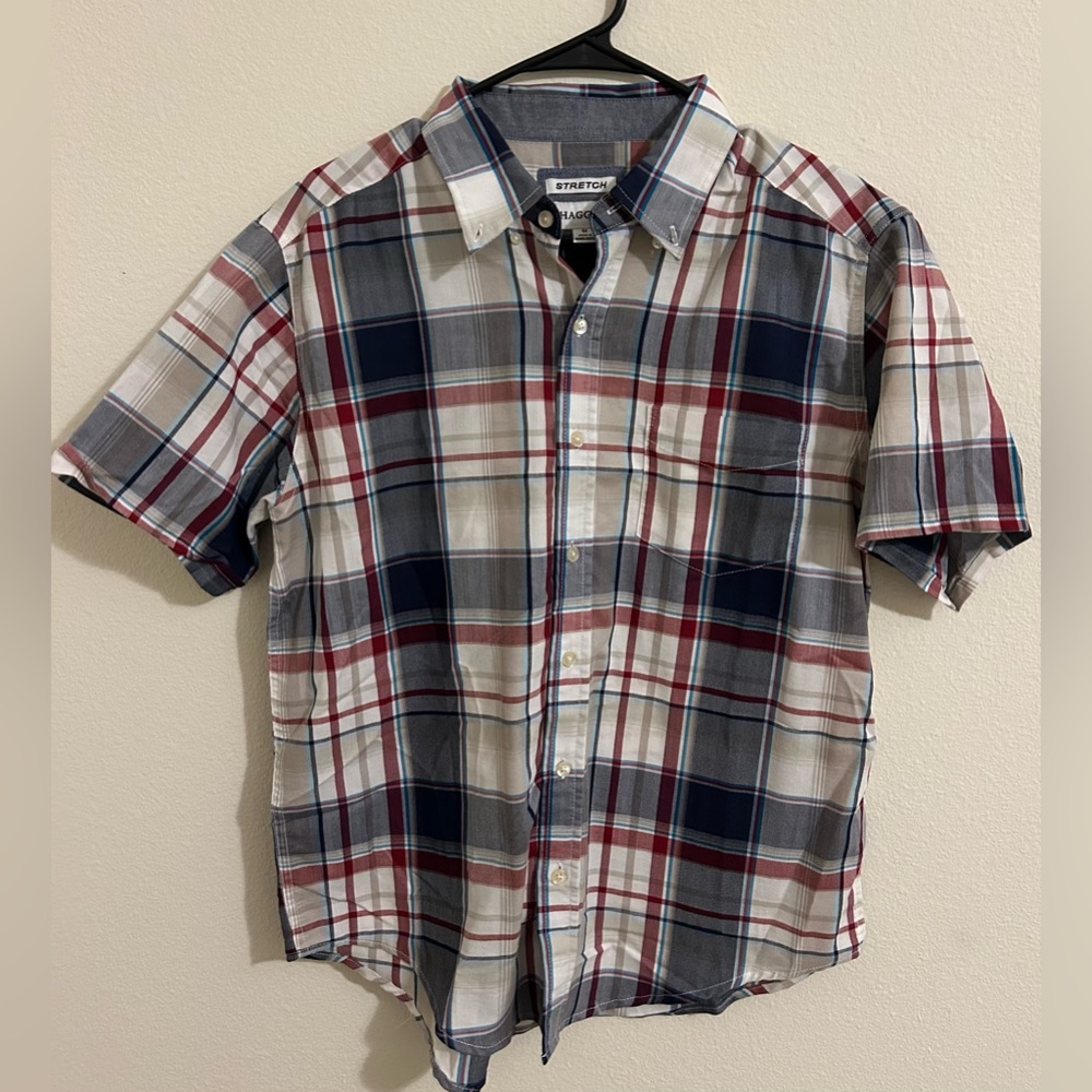 Men’s “HAGGAR” Plaid Short Sleeve Button Down Shirt - Red/Blue
